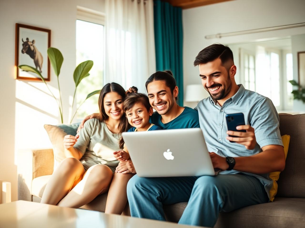Família conectada em casa usando internet fibra da Castros Fibra